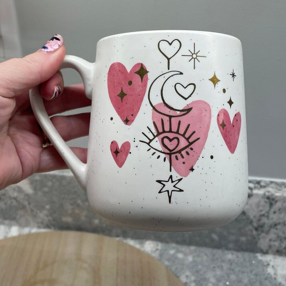 Sheffield Home Stoneware Speckled  Mug Deep Red Pink Hearts  Moon Stars Eye